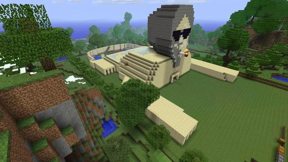 A sphinx created in Minecraft with the face of Paul's friend superimposed onto it