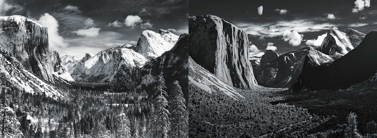 Left: Yosemite Valley Winter by Ansel Adams. Right: Microsoft Flight Simulator (2021) - VP by Ben Roberts